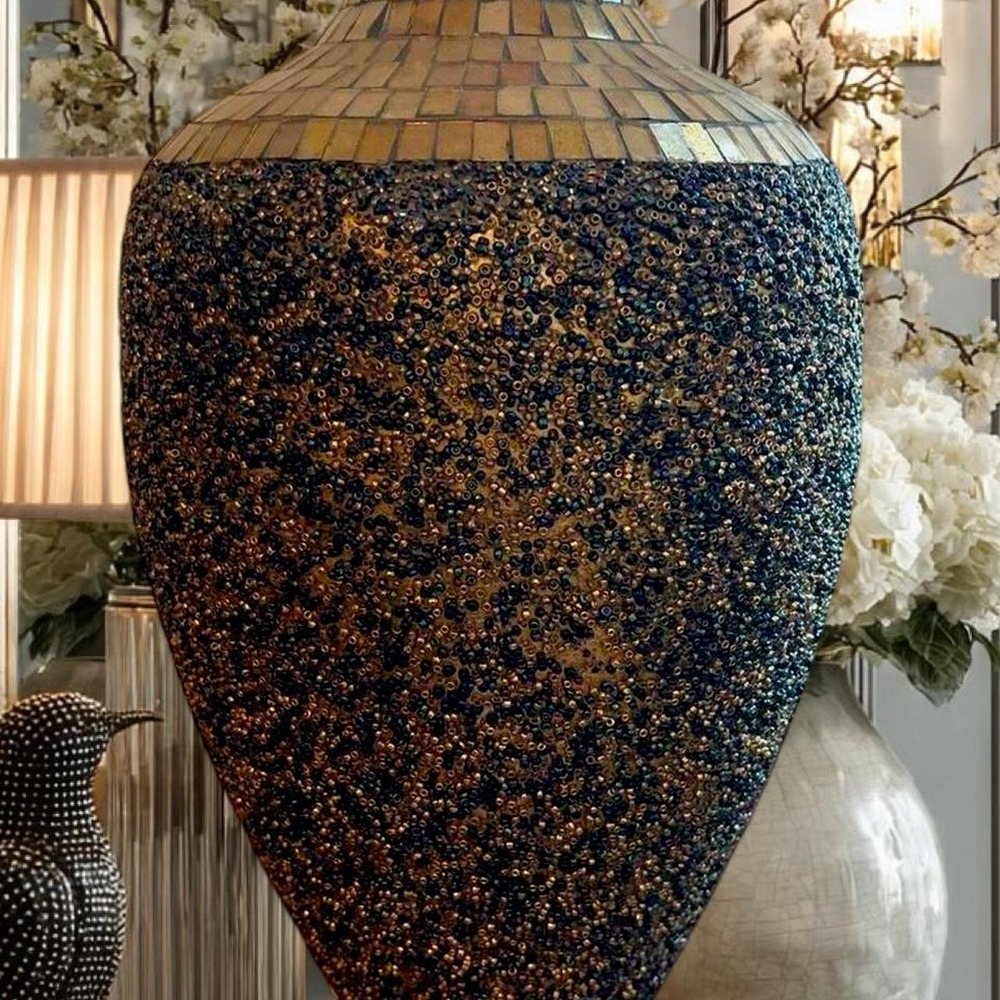 Gold and black mosaic vase with small beading About 13"‎ tall Hand crafted